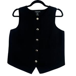 Rachel Zoe Minimalist Knit Vest M Black Gold Button Sleeveless Preppy Old Money